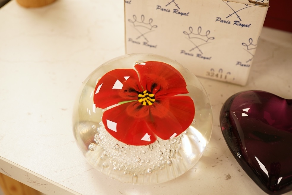 Seventeen various paperweights, including Lalique and a signed Murano example, some boxed, largest 10cm high